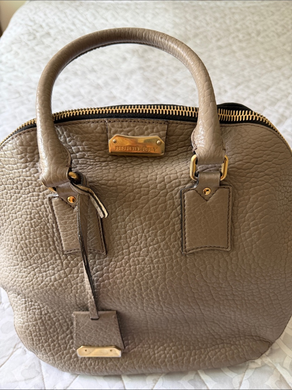 Burberry Taupe Pebbled Leather Satchel with Gold Hardware